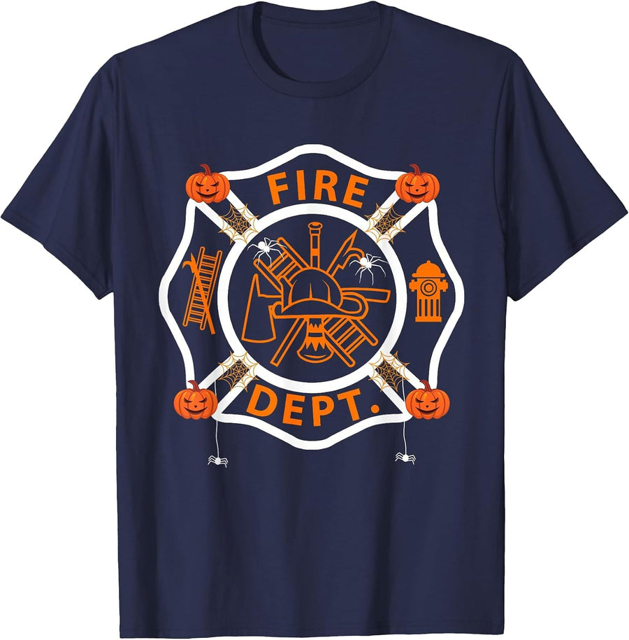 Halloween Firefighter Fireman Fire Dept Department Pumpkin T-Shirt - Navy Blue