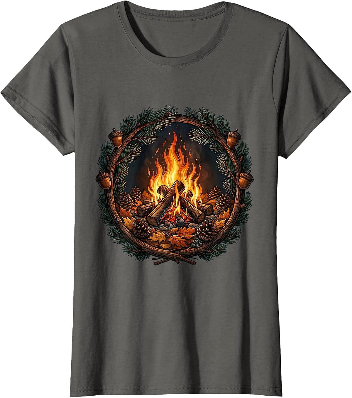 Women's Fall Campfire Pine Cone Autumn Nature Illustration T-Shirt - Asphalt Grey