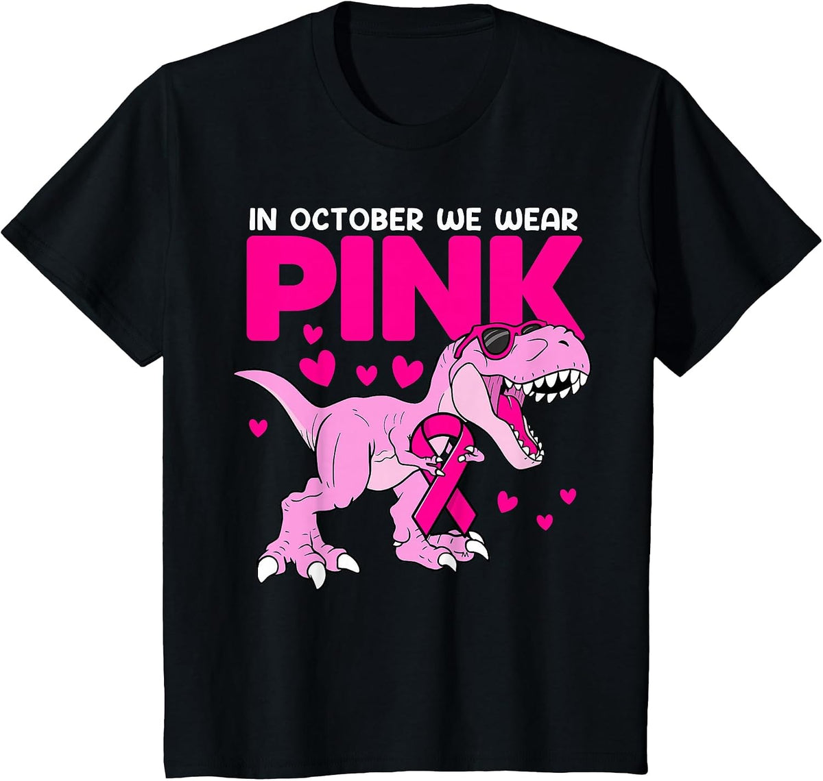 in October We Wear Pink Cute Dinosaur Breast Cancer Boys T-Shirt - Black