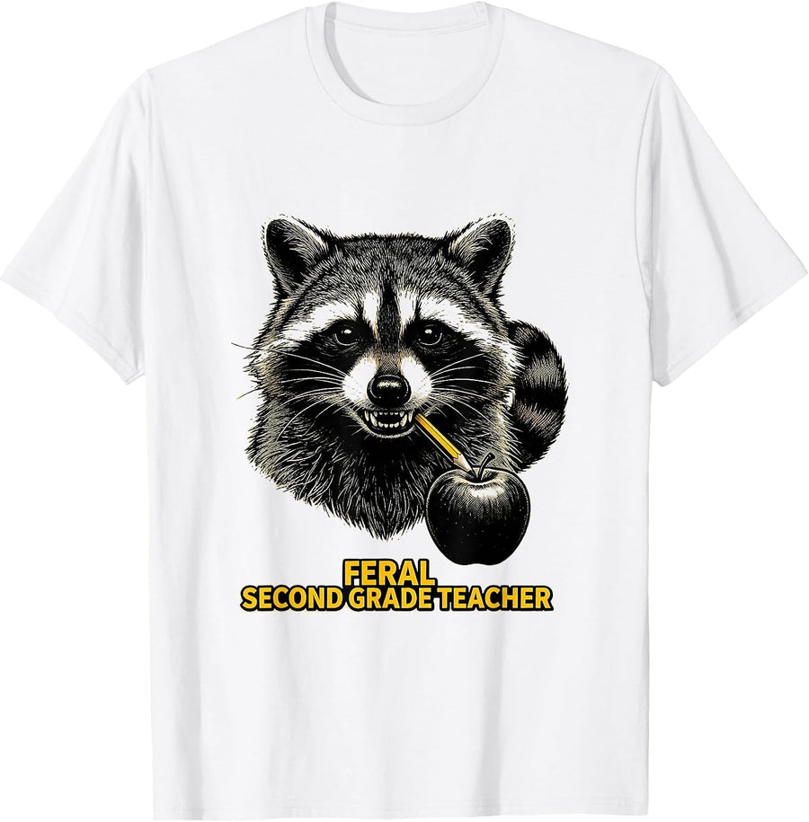 Men's Feral Second Grade Teacher Funny Raccoon Back To School T-Shirt - White