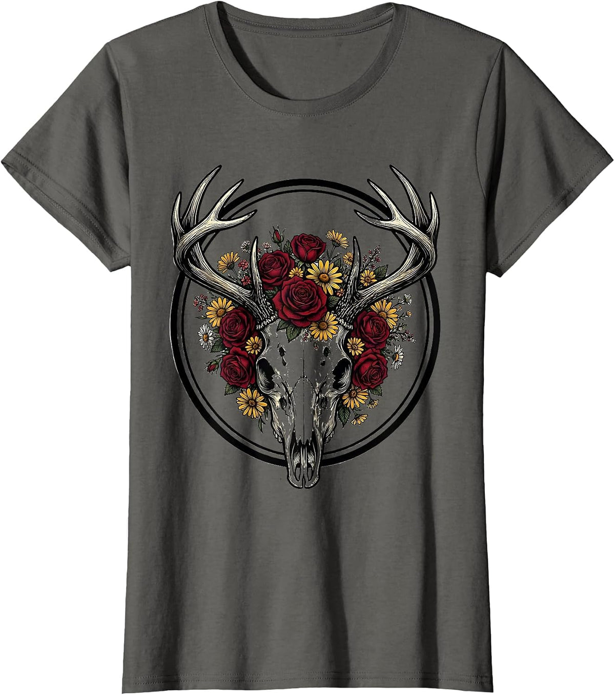 Women's Deer Skull Wildflower Crown Hunting Graphic T-Shirt - Asphalt Grey