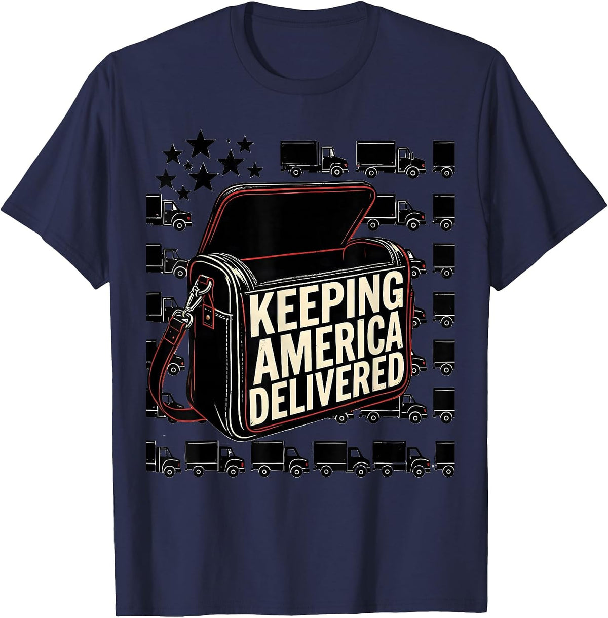 Keeping America Delivered Stencil Graphic Patriotic Mail T-Shirt - Navy Blue