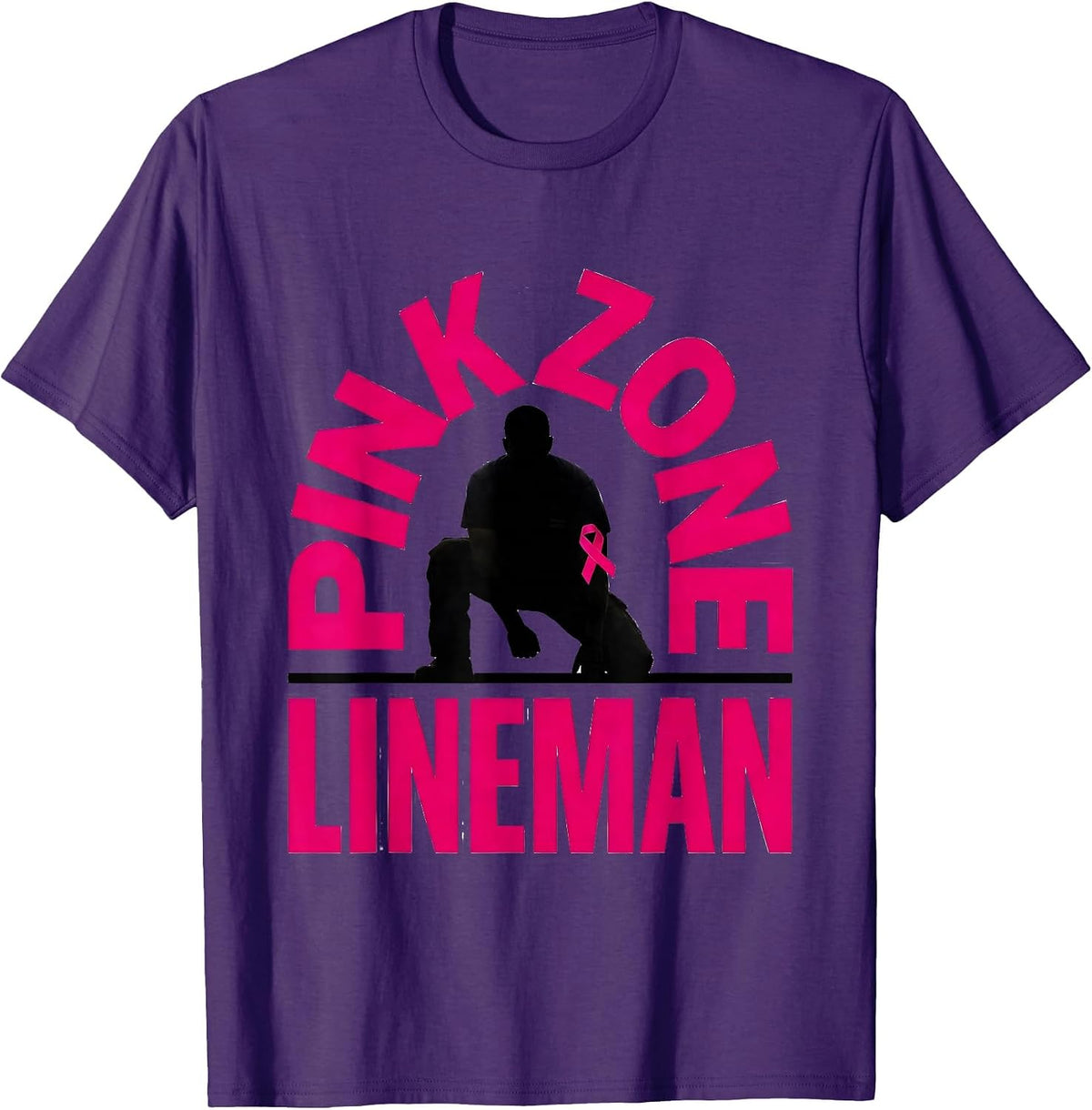 Men's Pink Zone Lineman Breast Cancer Awareness Football Pink Out T-Shirt - Purple