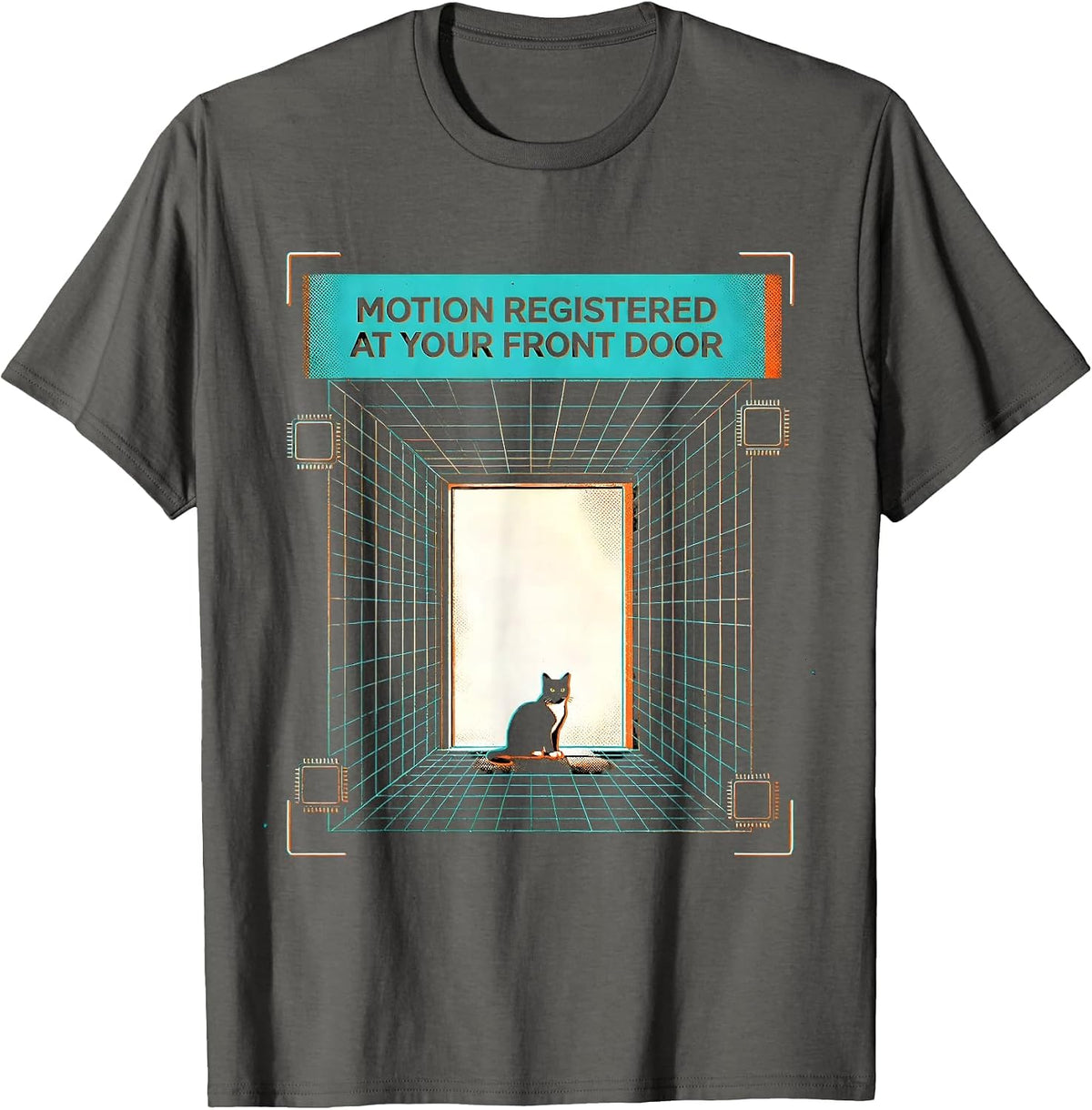 Men's Motion registered at your front door Funny Cat Motion Meme T-Shirt - Asphalt Grey