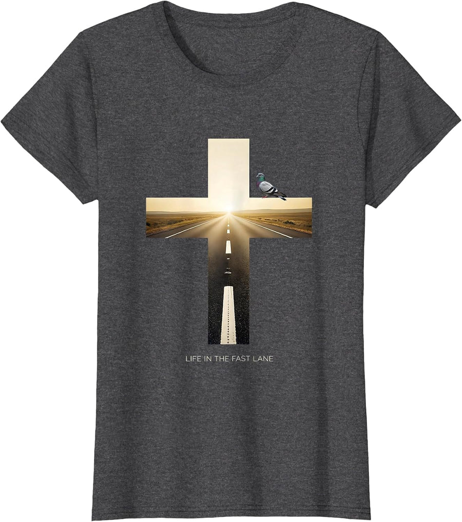 Women's Life in the Fast Lane Racing Graphic Design T-Shirt - Dark Heather Grey