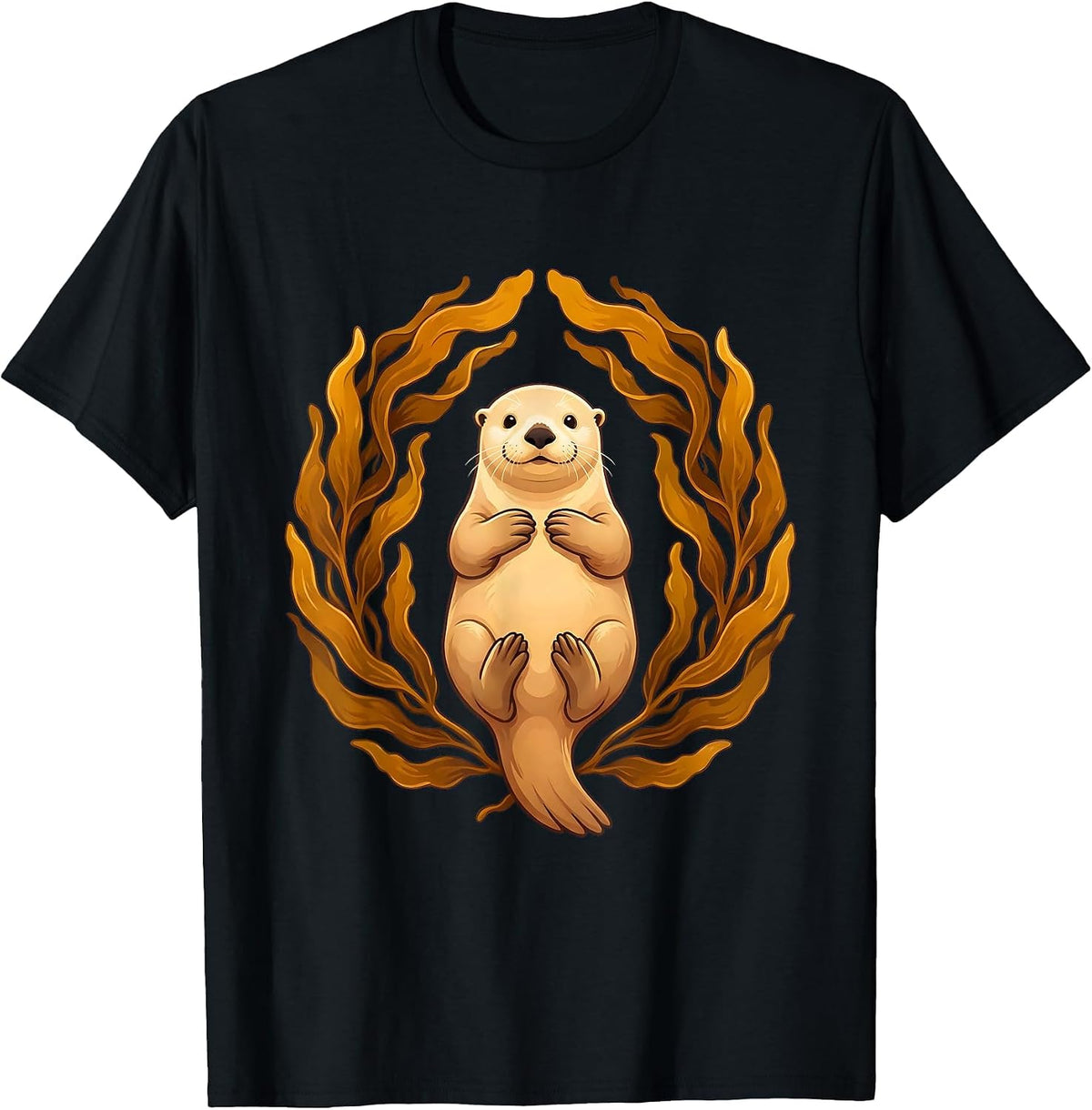Men's Sea Otter Floating in Kelp Illustration T-Shirt - Black