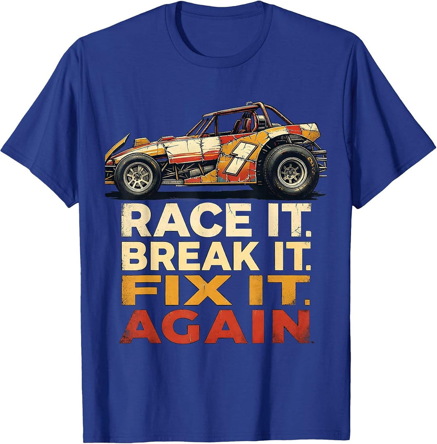 Race It Break It Fix It Again Distressed Vintage Racing T-Shirt - Royal Blue