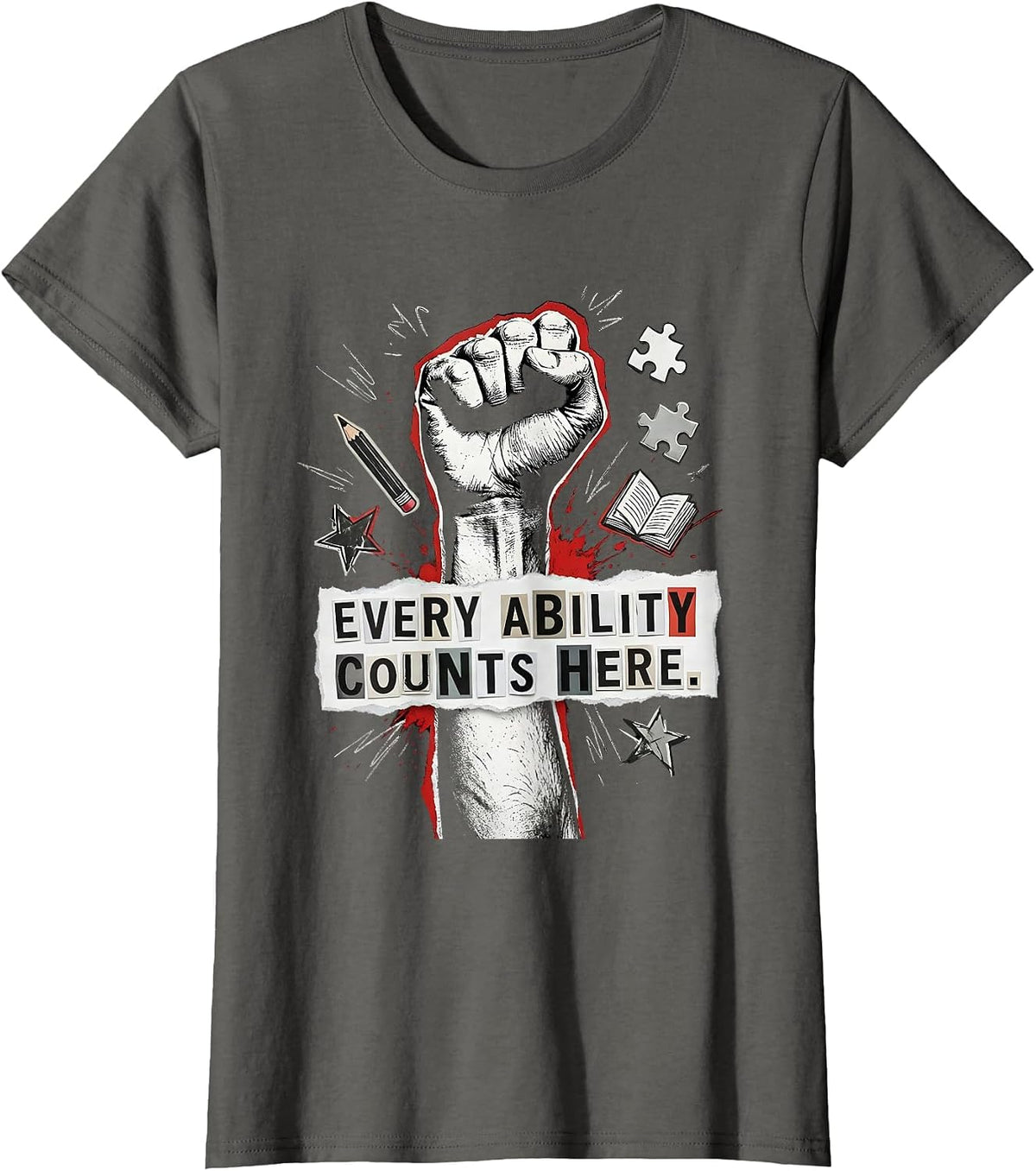 Women's Every Ability Counts Here Sped Teacher Design T-Shirt - Asphalt Grey