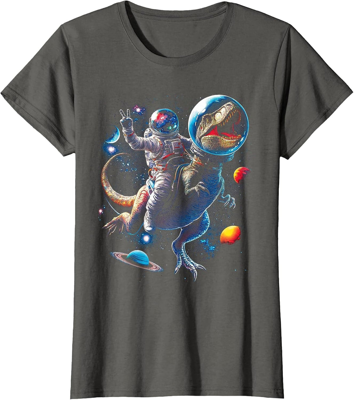 Astronaut Dinosaur T Rex Outer Space Science Galaxy Universe T-Shirt - Asphalt Grey