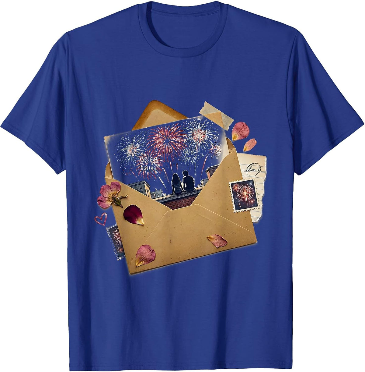 Rooftop Fireworks Couple Night Sky Illustration T-Shirt - Royal Blue