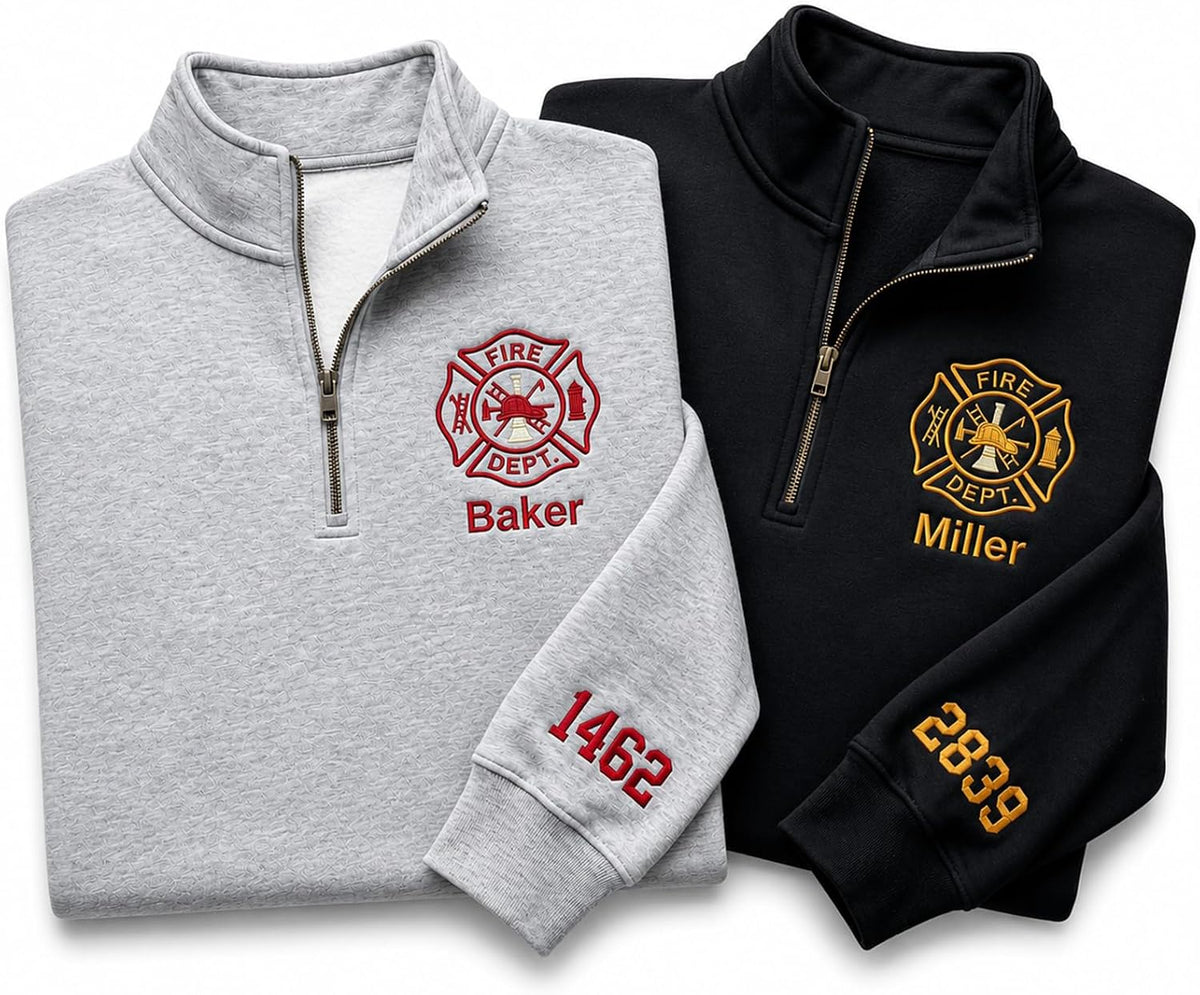 Personalized Embroidered Firefighter Quarter Zip Sweatshirt, Custom Name Fire Fighter Sweatshirts for Men Women - Design #01