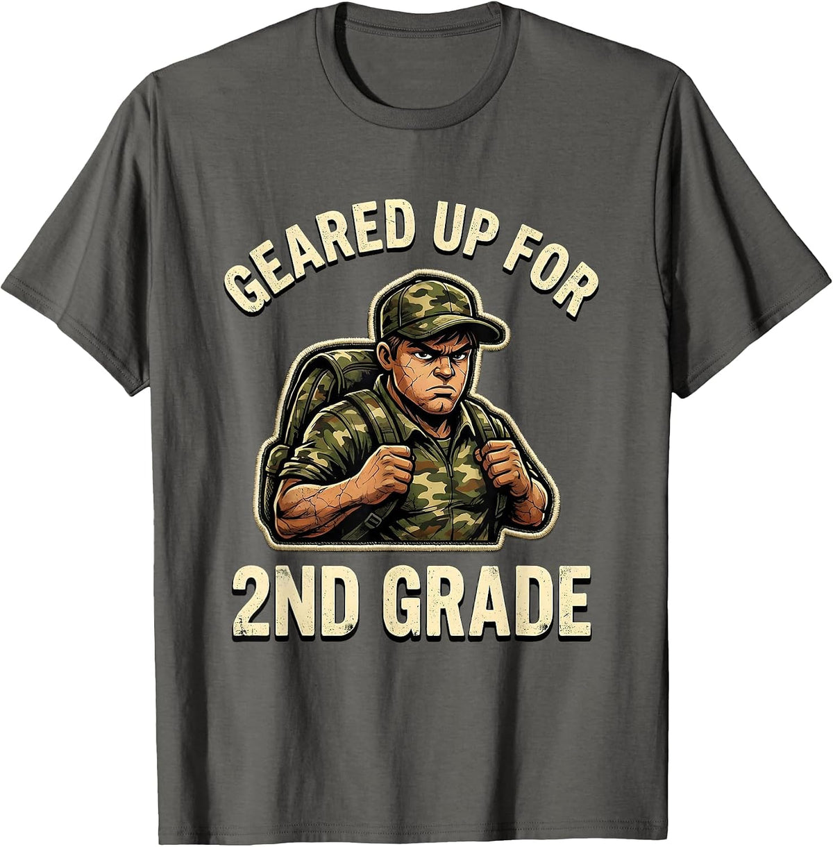 Geared Up For 2nd Grade Distressed Camo Back To School Boy T-Shirt - Asphalt Grey