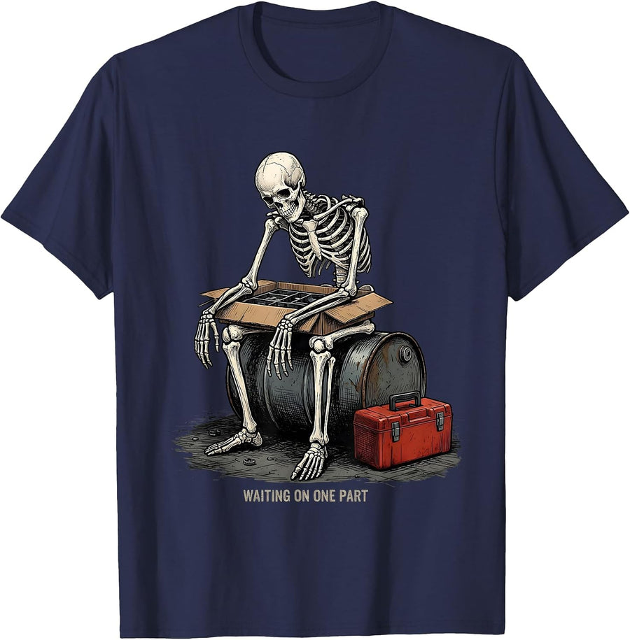 Waiting On One Part Funny Skeleton Mechanic Auto Repair T-Shirt - Navy Blue