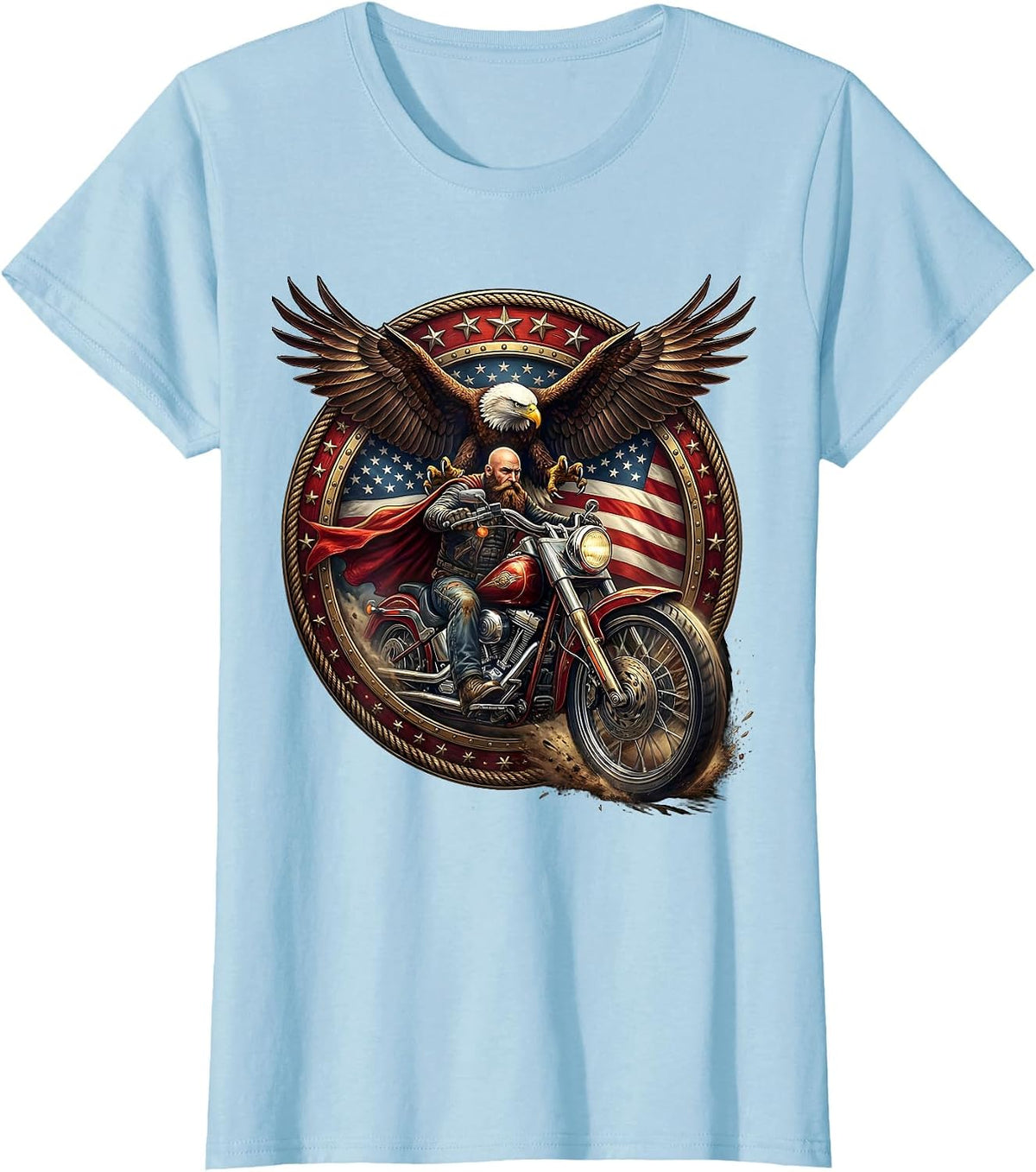 Bearded Biker American Flag Cape Motorcycle Rider T-Shirt - Baby Blue