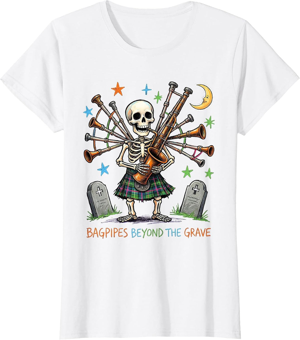 Women's Halloween Skeleton Bagpiper Scottish Design T-Shirt - White