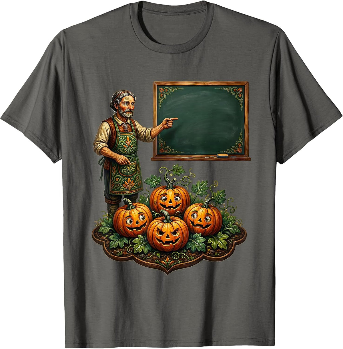 Teacher Pumpkin Folk Art Classroom Fall Pride T-Shirt - Asphalt Grey