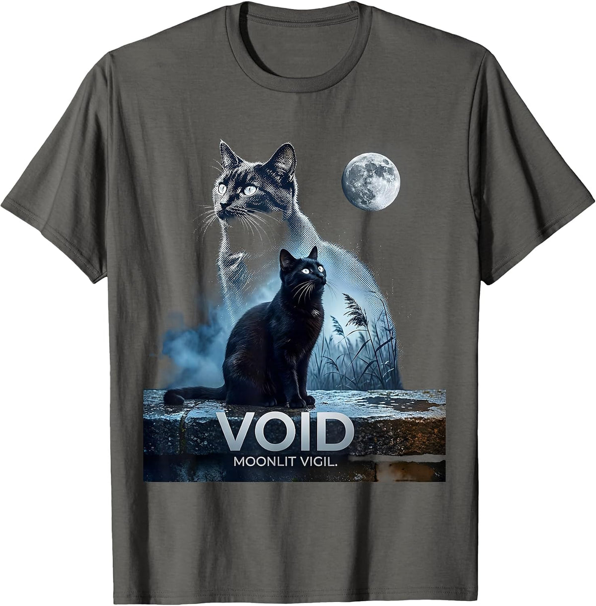 Void Moonlit Vigil Gradient 90s Retro Cat Portrait T-Shirt - Asphalt Grey
