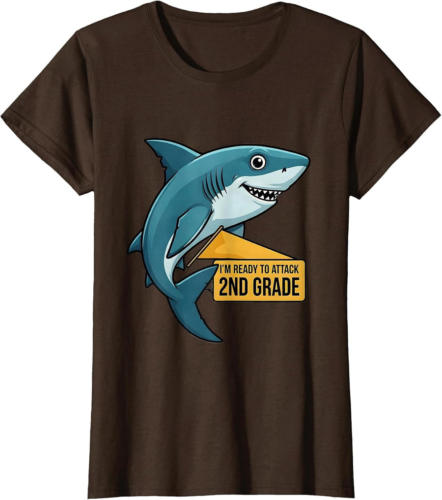 Women's I'm Ready To Attack 2nd Grade Funny Shark Back To School T-Shirt - Brown