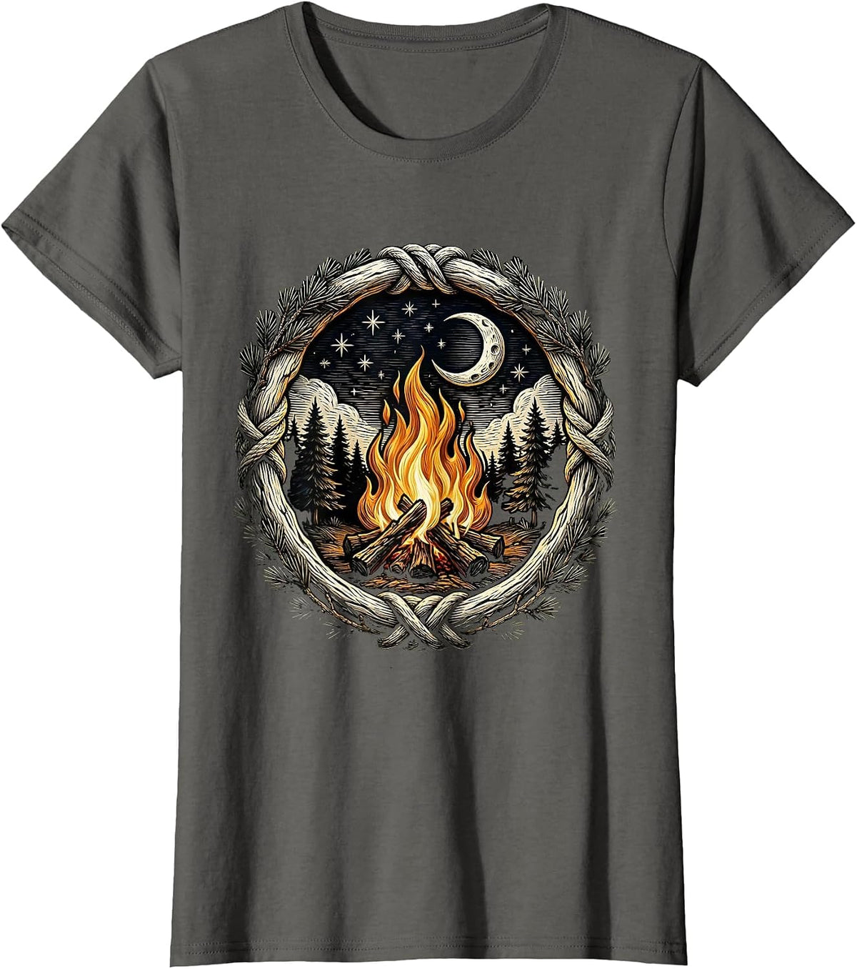 Women's Vintage Campfire Starry Night Outdoor Design T-Shirt - Asphalt Grey