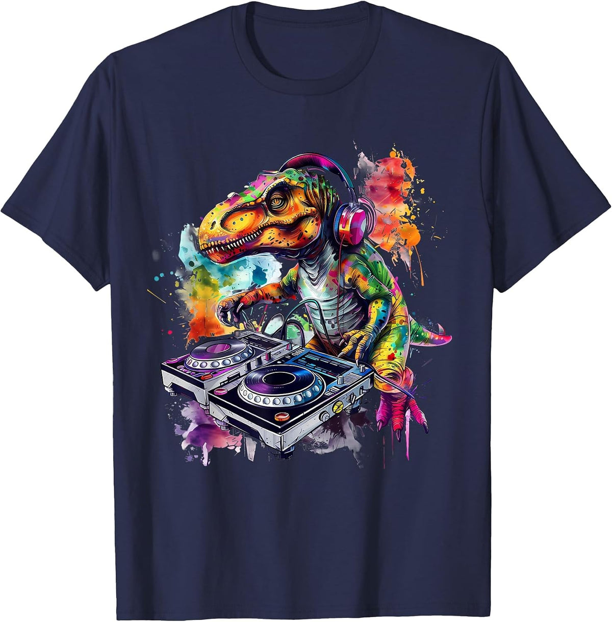 DJ Dinosaur Techno Artwork Turntable DJ Dinosaur Beatmaker T-Shirt - Navy Blue