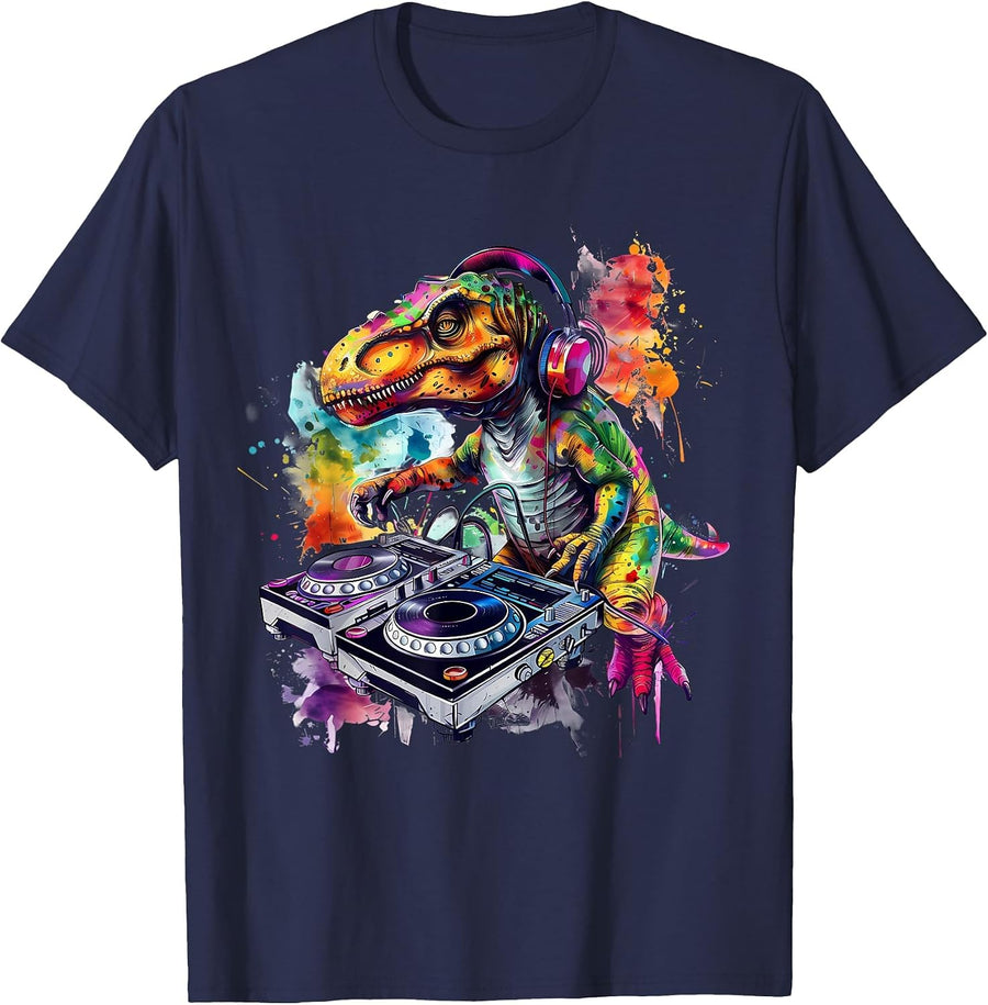 DJ Dinosaur Techno Artwork Turntable DJ Dinosaur Beatmaker T-Shirt - Navy Blue