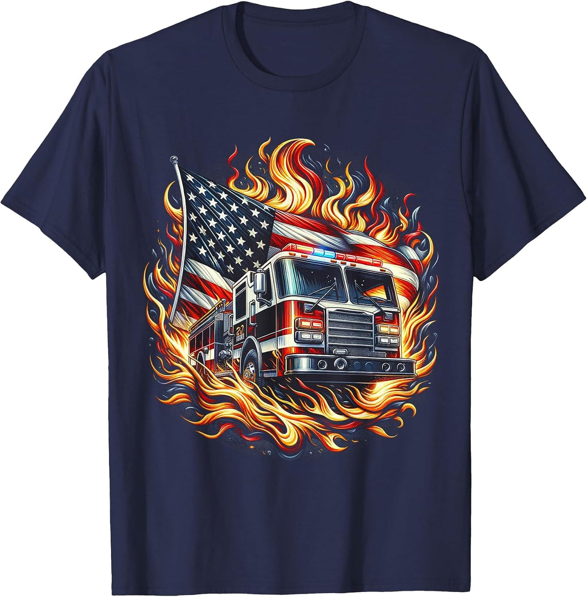 Firefighter Patriotic Fire Truck Fireman American Flag T-Shirt - Navy Blue