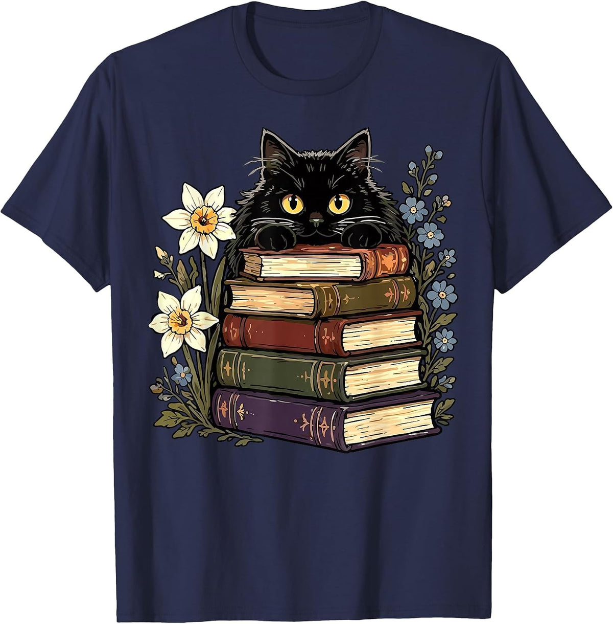Black Cat Book Lover T-Shirt - Navy Blue