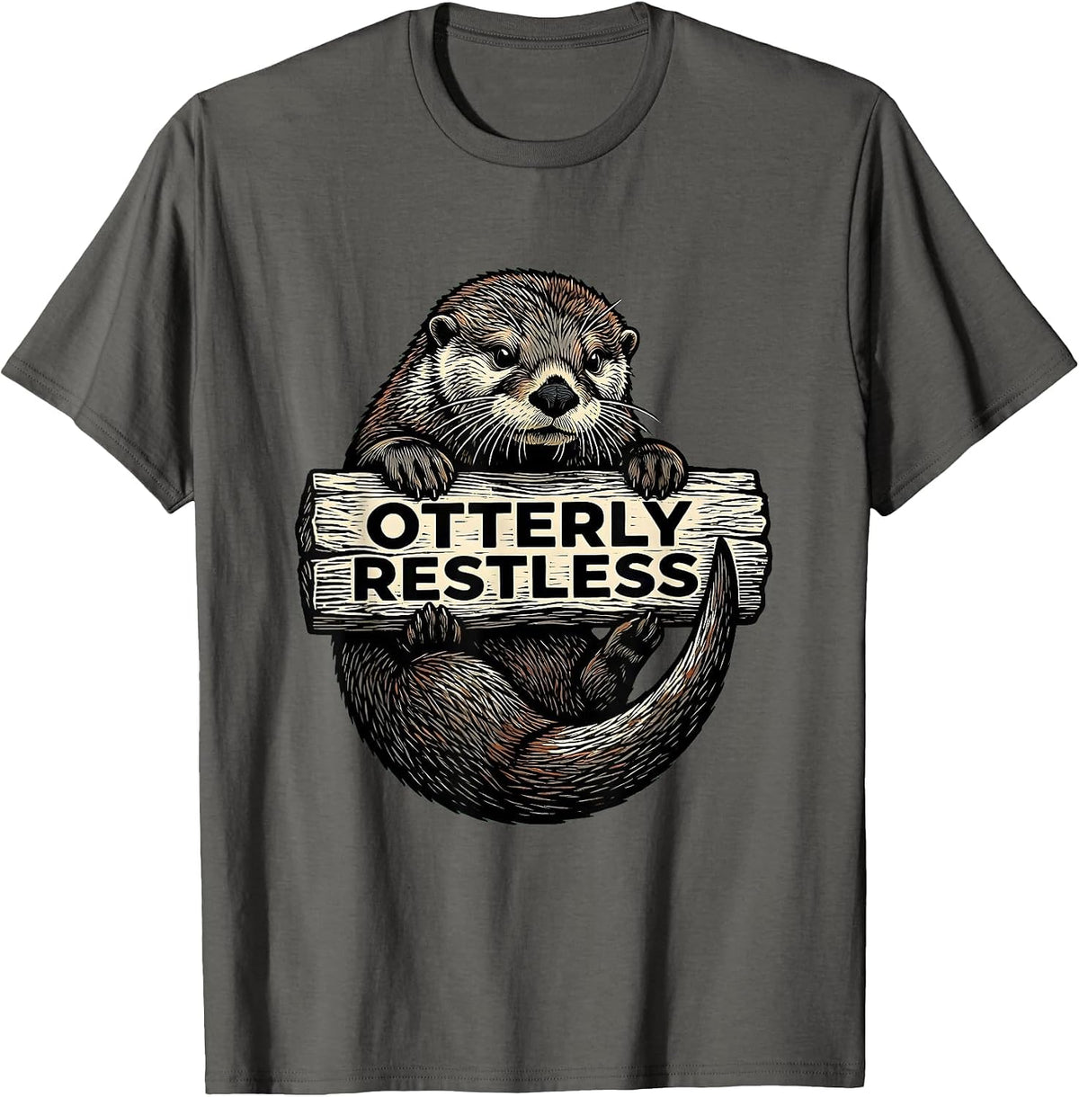 Men's Otterly Restless Funny Otter Lover Linocut Humor Gift T-Shirt - Asphalt Grey