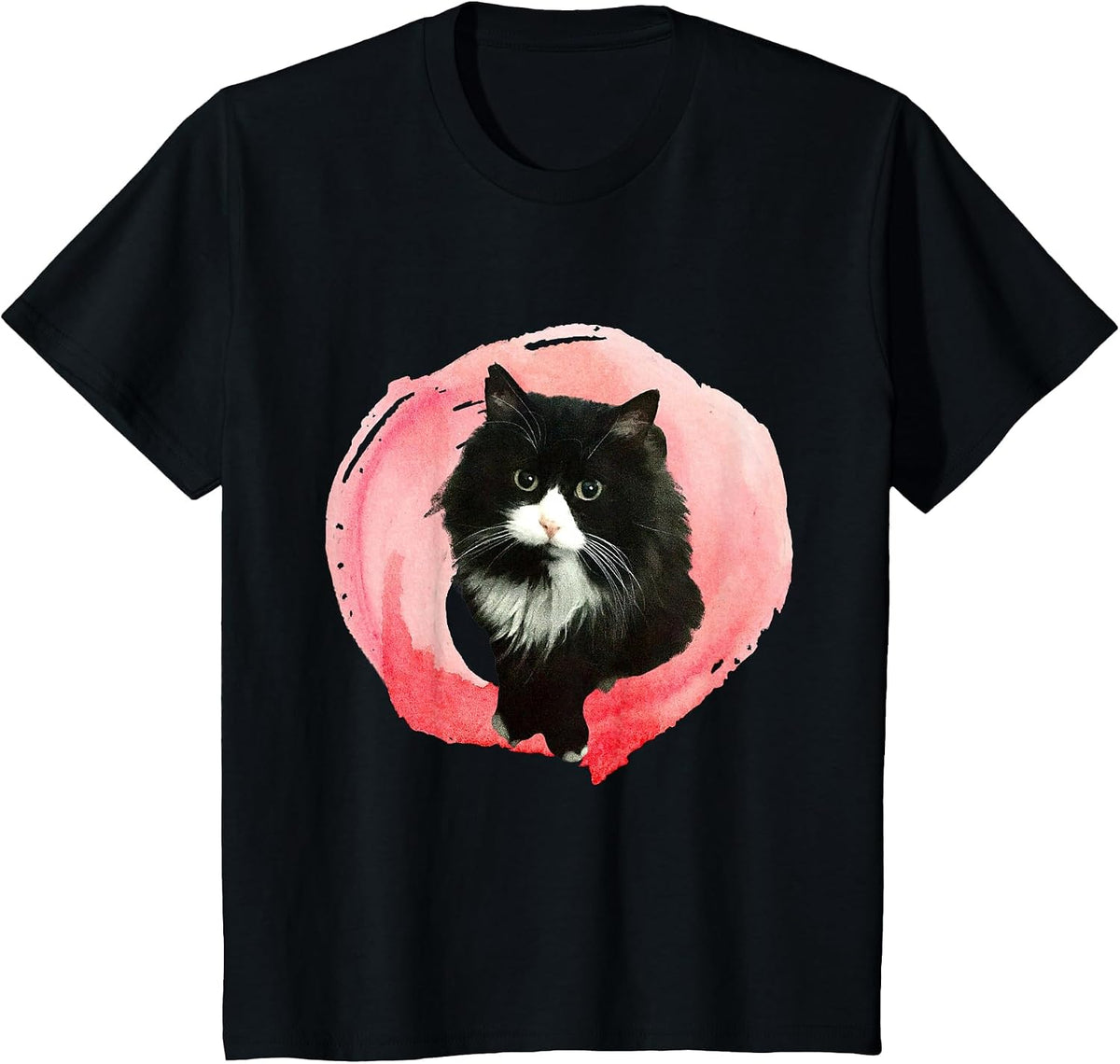 Cute Fluffy Tuxedo Cat in Pink Fluff T-Shirt - Black