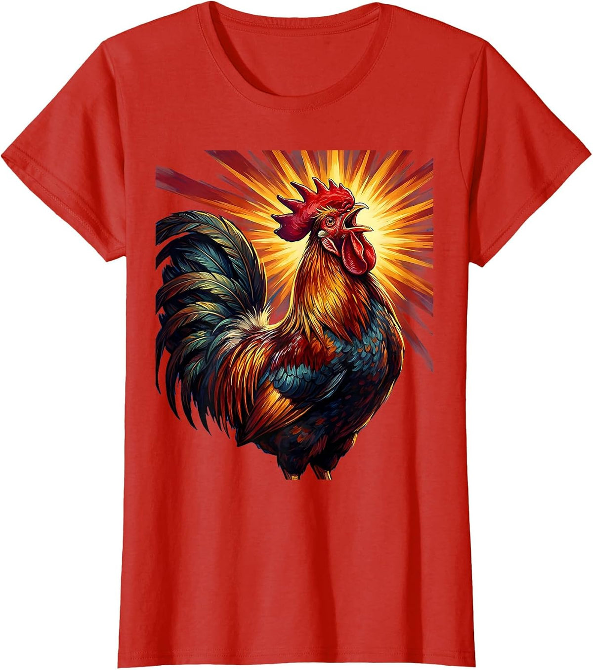 Proud Rooster Crowing at Golden Sunrise T-Shirt - Red