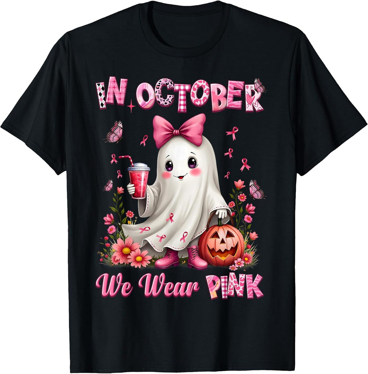 in October We Wear Pink Ghost Breast Cancer Awareness T-Shirt - Black