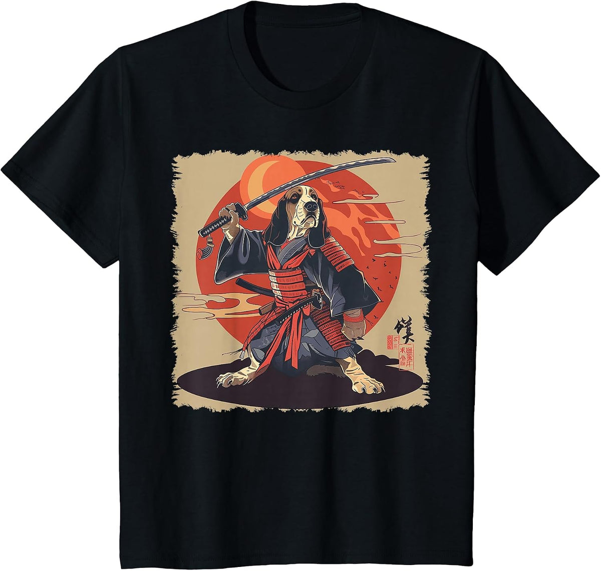 Basset Hound Dog Japanese Art Samurai Ukiyo-e T-Shirt - Black