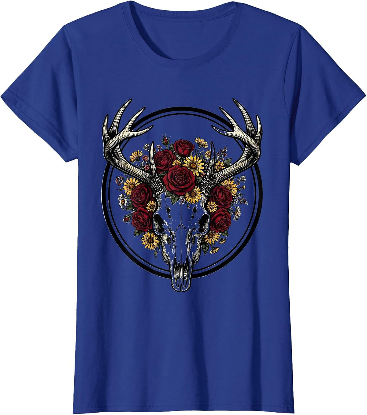 Women's Deer Skull Wildflower Crown Hunting Graphic T-Shirt - Royal Blue