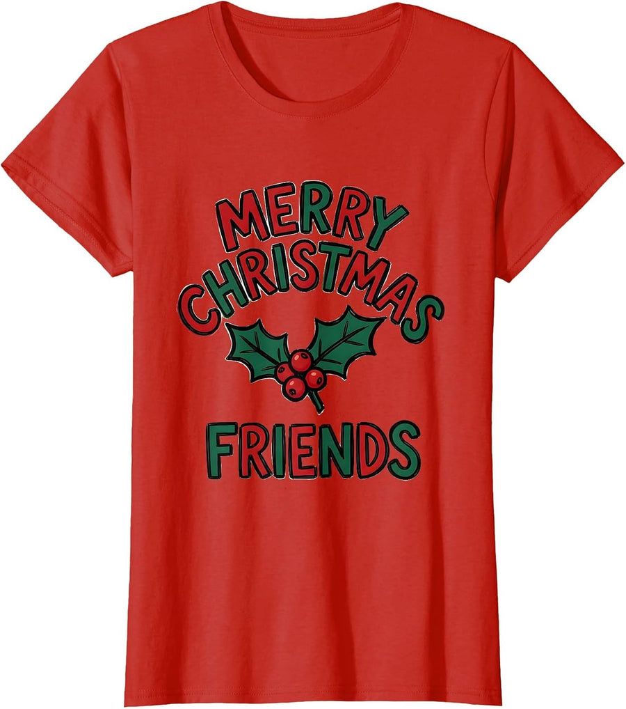 Women's Merry Christmas, Friends Playful Holiday Typography Family T-Shirt - Red
