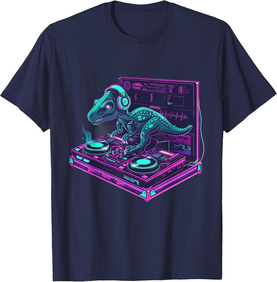 Dinosaur Music DJ House Beatmaker Turntable DJ Dinosaur T-Shirt - Navy Blue