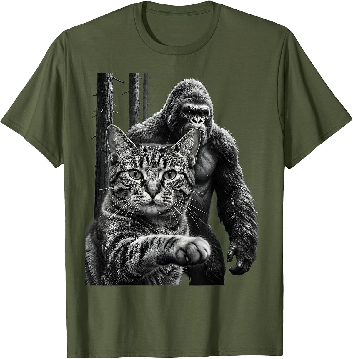 Cat Selfie Bigfoot Sasquatch Funny Novelty Gift T-Shirt - Olive Green