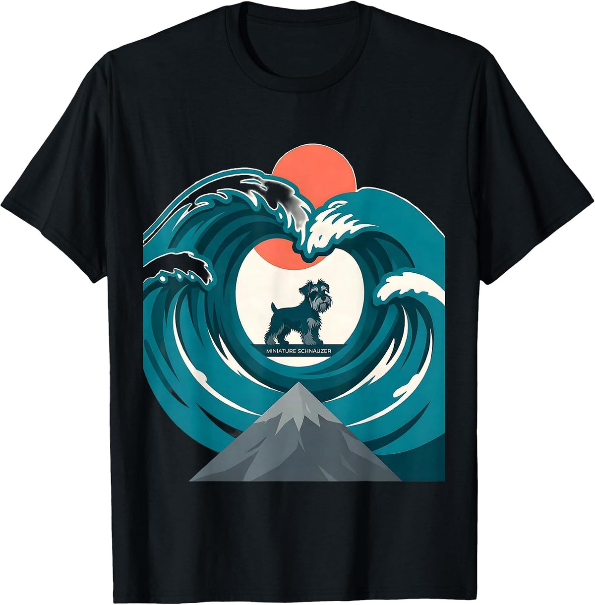 Men's Miniature Schnauzer Flat Vector Surfing Japanese Kanagawa T-Shirt - Black