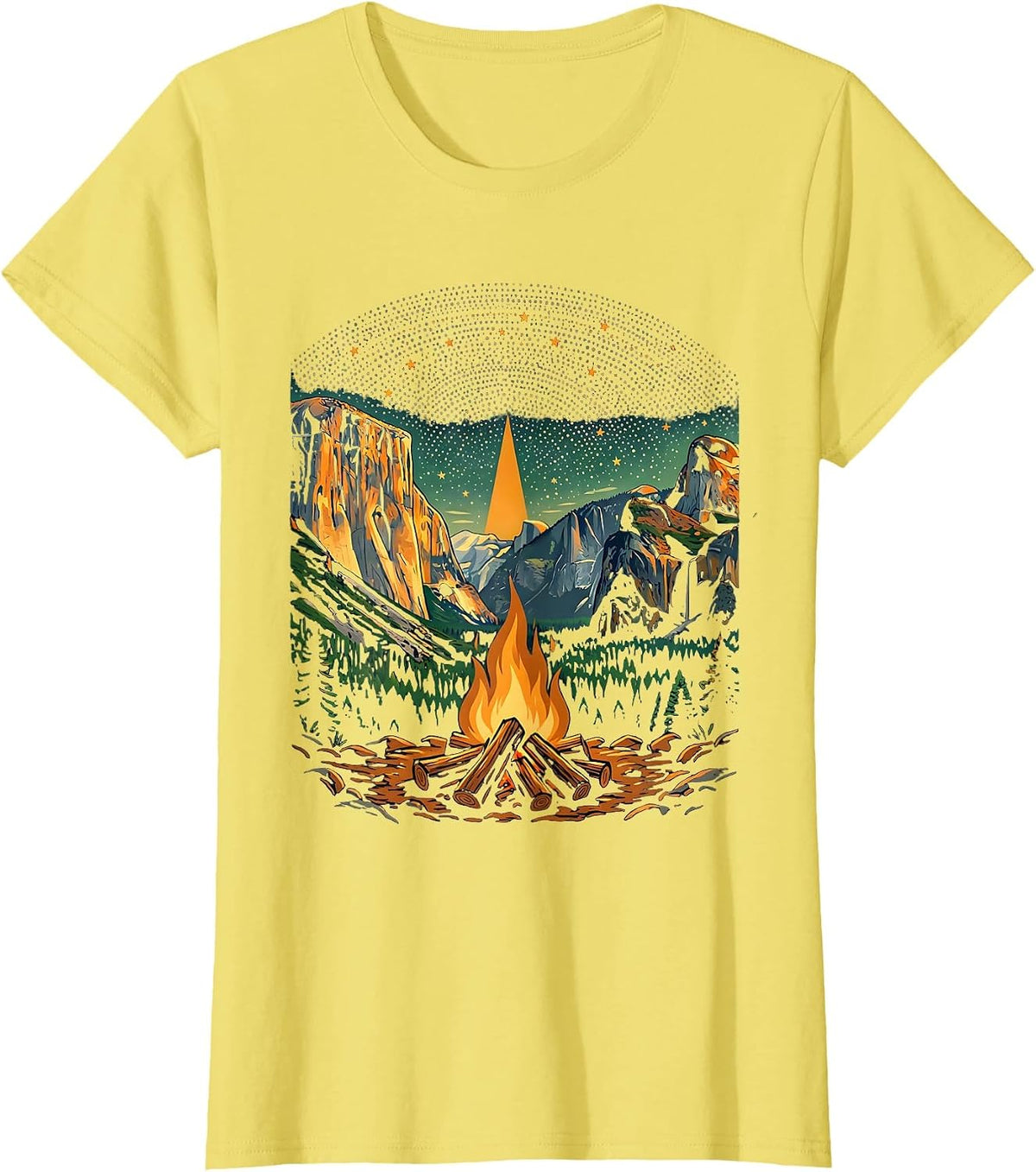 Women's Yosemite Campfire Starry Night Sky Illustration T-Shirt - Lemon Yellow