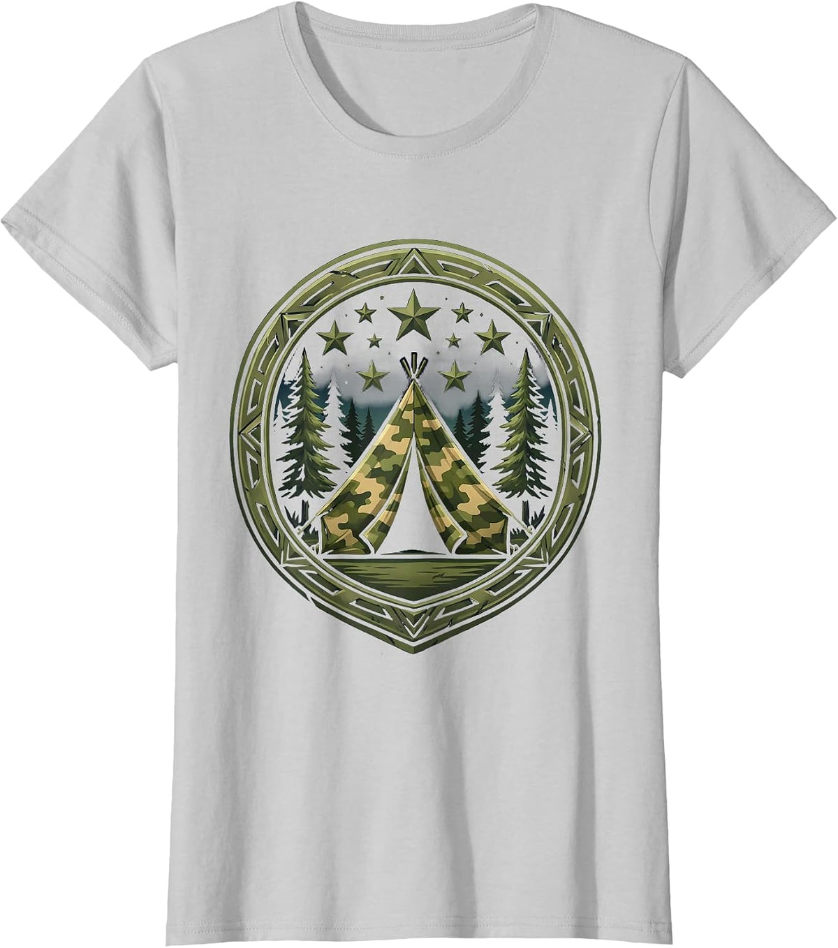 Camo Tent Starry Night Sky Camping Graphic T-Shirt - Silver Grey