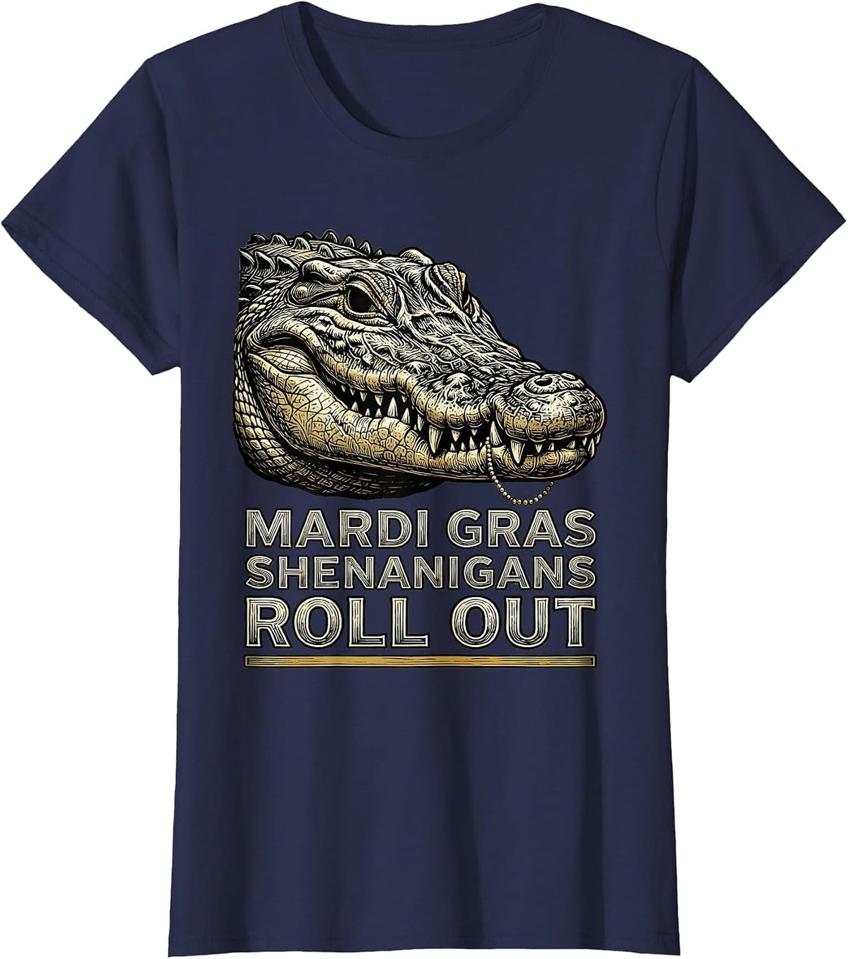 Women's Mardi Gras Shenanigans Roll Out Woodcut Engraving Carnival T-Shirt - Navy Blue