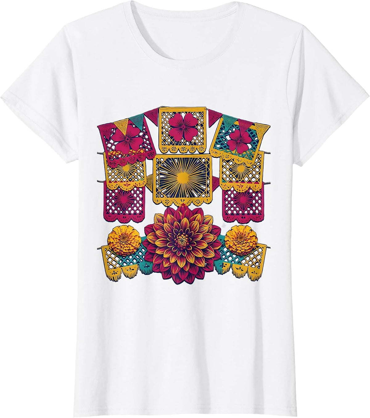 Women's Hispanic Heritage Month Papel Picado Floral Banner T-Shirt - White