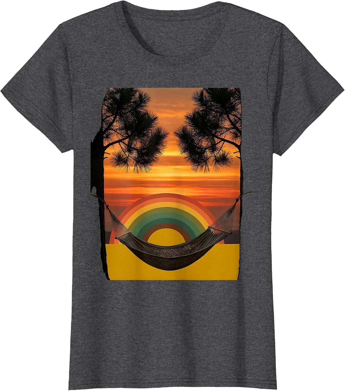 Women's Hammock Pine Trees Camping Illustration T-Shirt - Dark Heather Grey