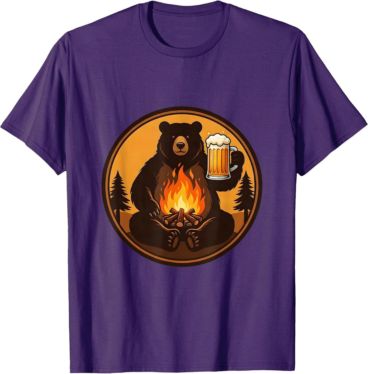 Bear Drinking Beer Campfire Funny Outdoor Humor T-Shirt - Purple