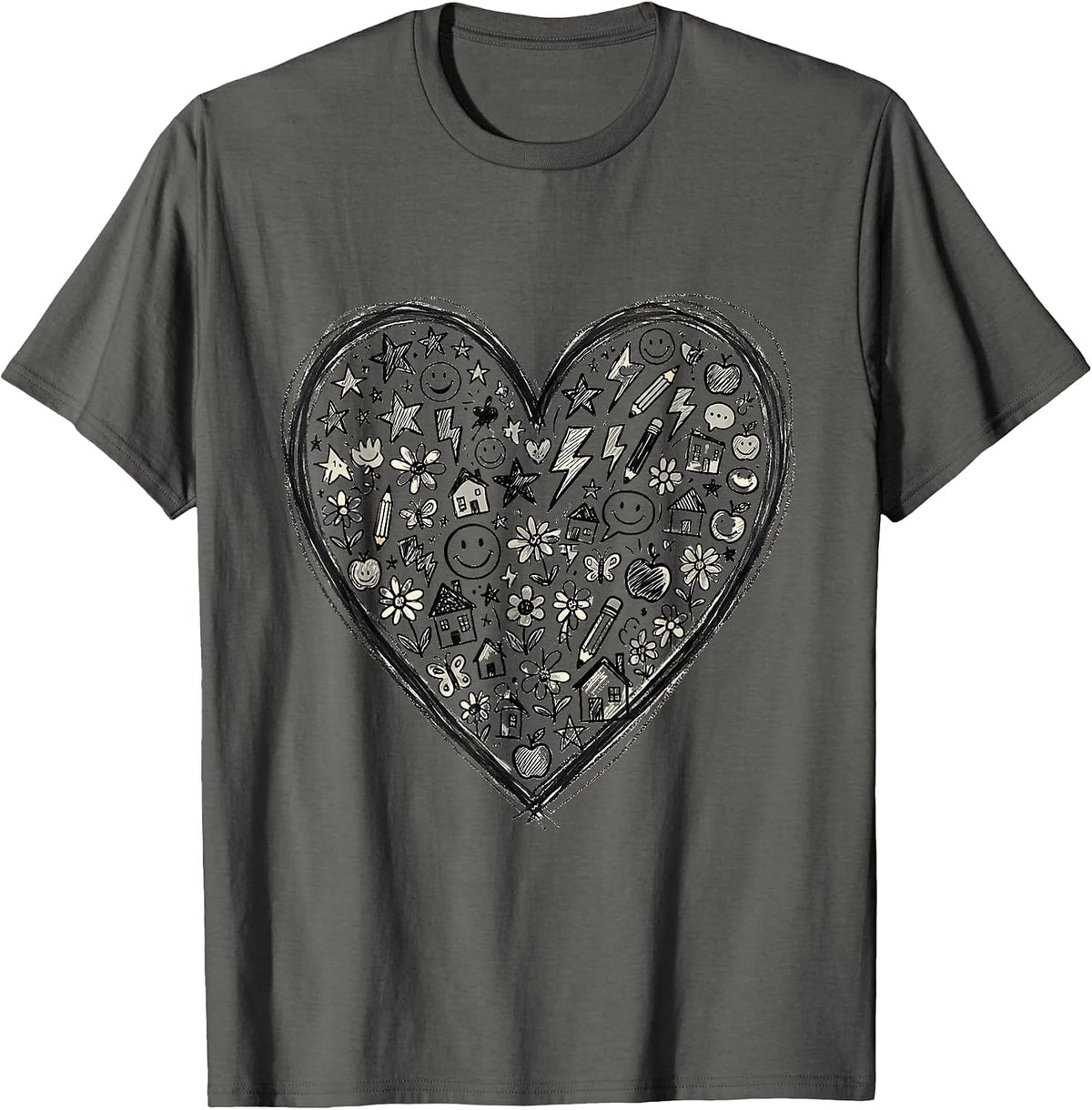 Sped Teacher Heart Chalkboard Doodle Design T-Shirt - Asphalt Grey