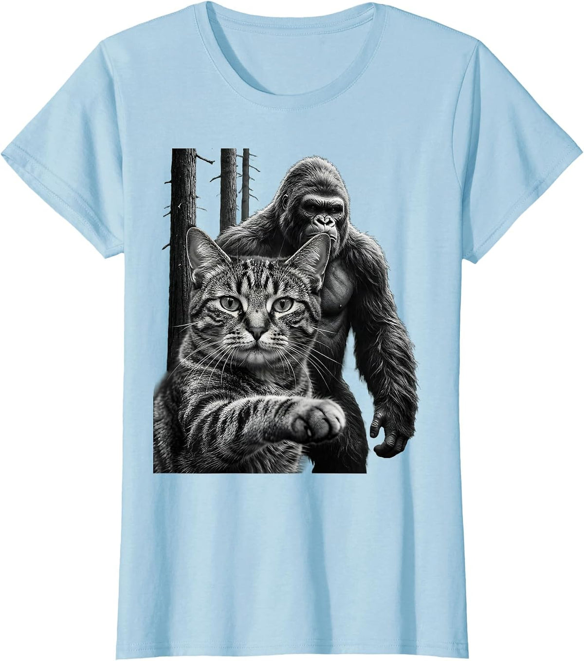 Cat Selfie Bigfoot Sasquatch Funny Novelty Gift T-Shirt - Baby Blue