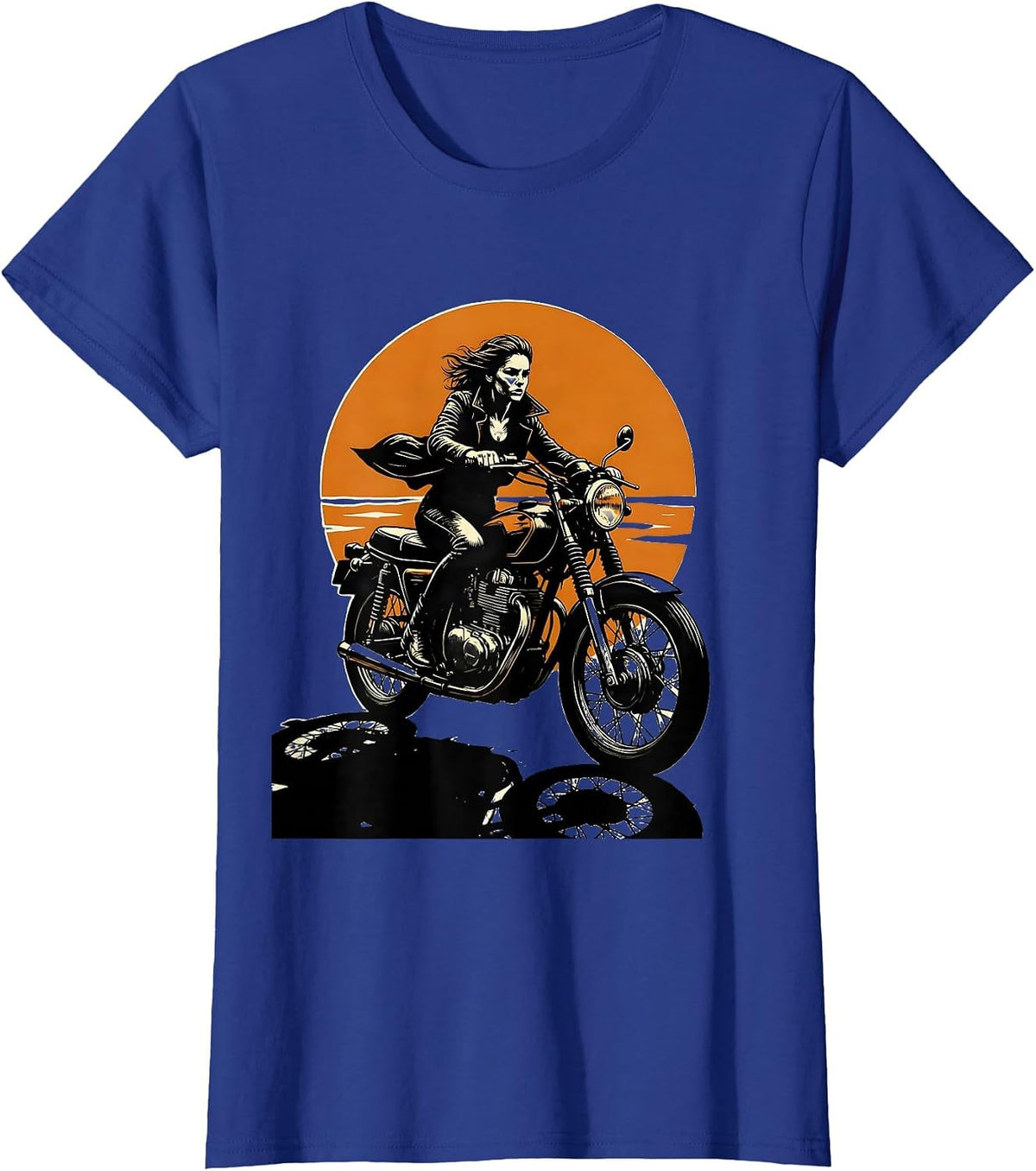 Women's Female Biker Silhouette Sunset Motorcycle Design T-Shirt - Royal Blue
