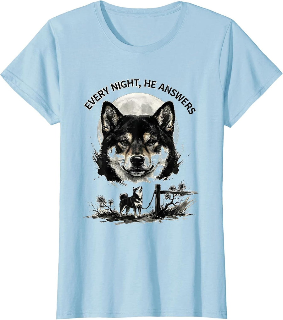 Women's Every Night, He Answers Ink Brush Shiba Inu Howl T-Shirt - Baby Blue