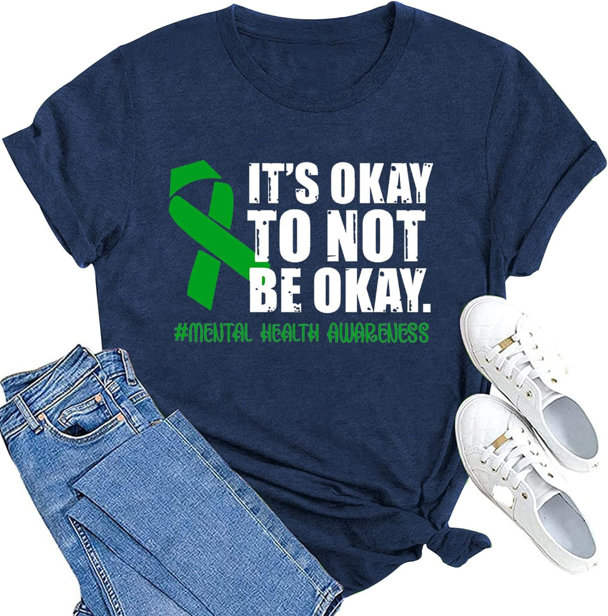 Womens Green Ribbon Awareness Shirts Mental Health Matters Tshirt Inspirational Tee Top - Blue