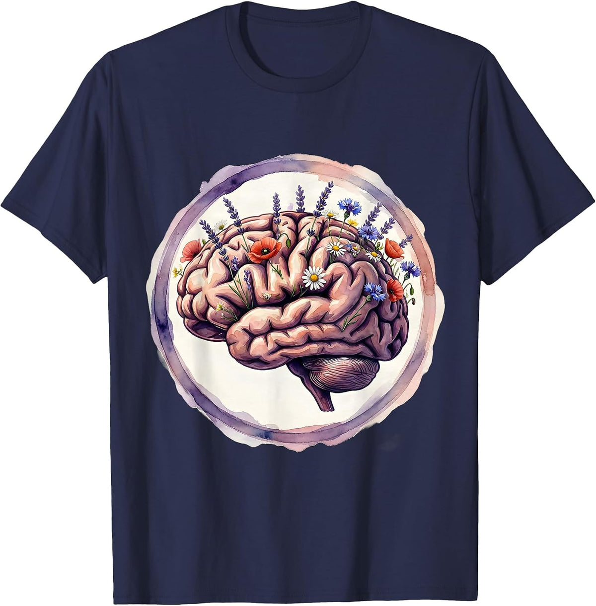 Men's Autism Awareness Wildflower Brain Illustration T-Shirt - Navy Blue