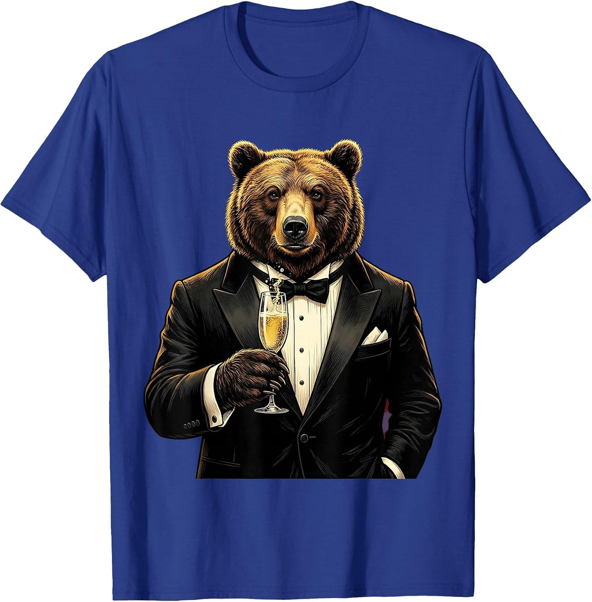 Bear in Tuxedo Champagne Glass Illustration T-Shirt - Royal Blue